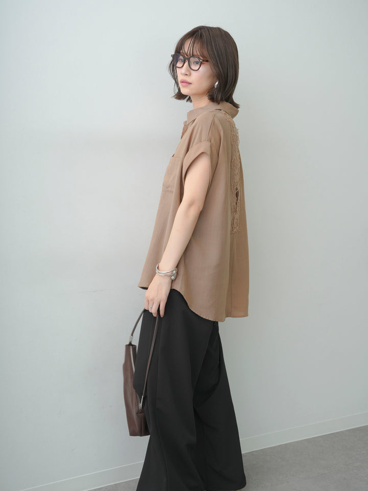 [SET]バックレースフレンチシャツ+クレープデシンタックワイドパンツ(2set)