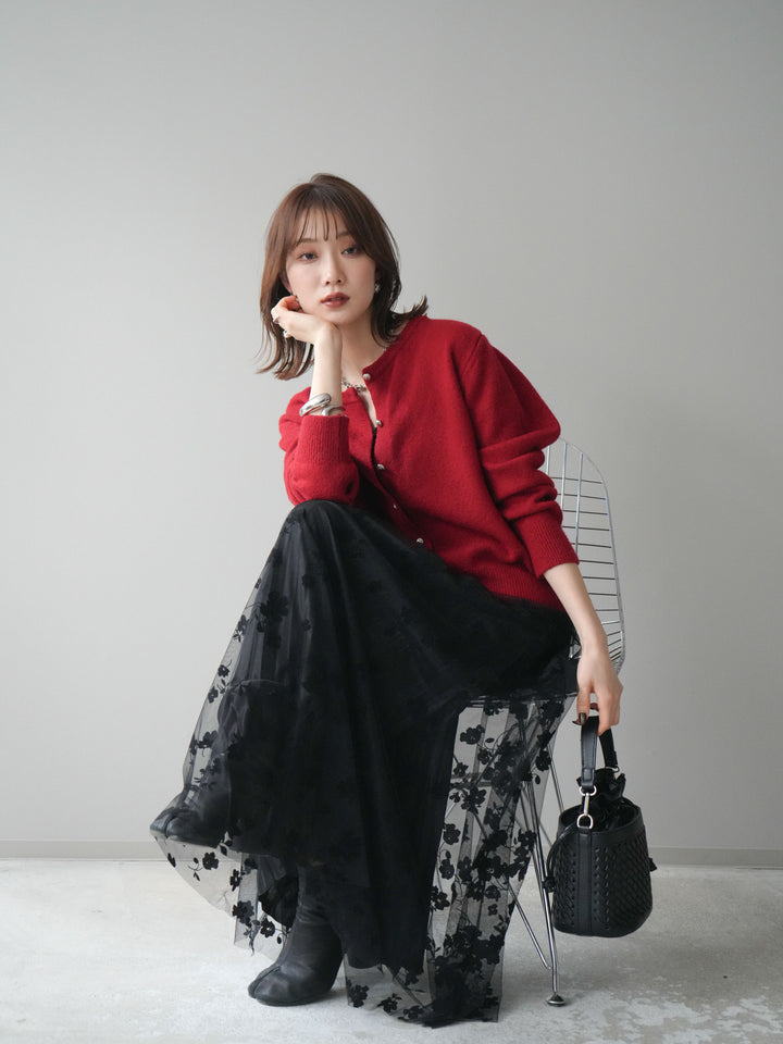 [SET]アンティークボタンニットカーディガン+フラワーフロッキーチュールプリーツスカート(2set)