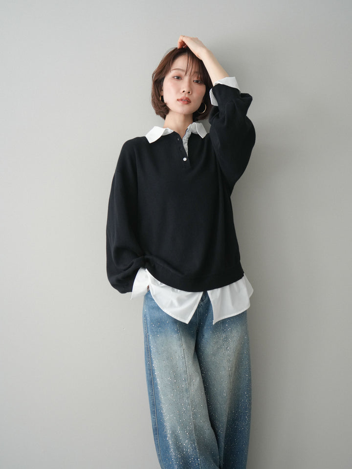 [予約]シャツドッキングオーバーニットプルオーバー/blackoff