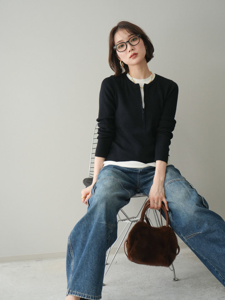 [予約]フロントジップ配色レイヤードニットトップス/navy