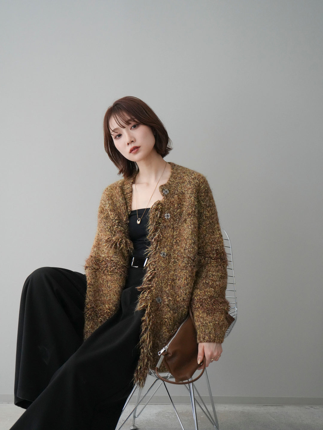 [予約]ミックスヤーンフリンジデザインニットジャケット/brown