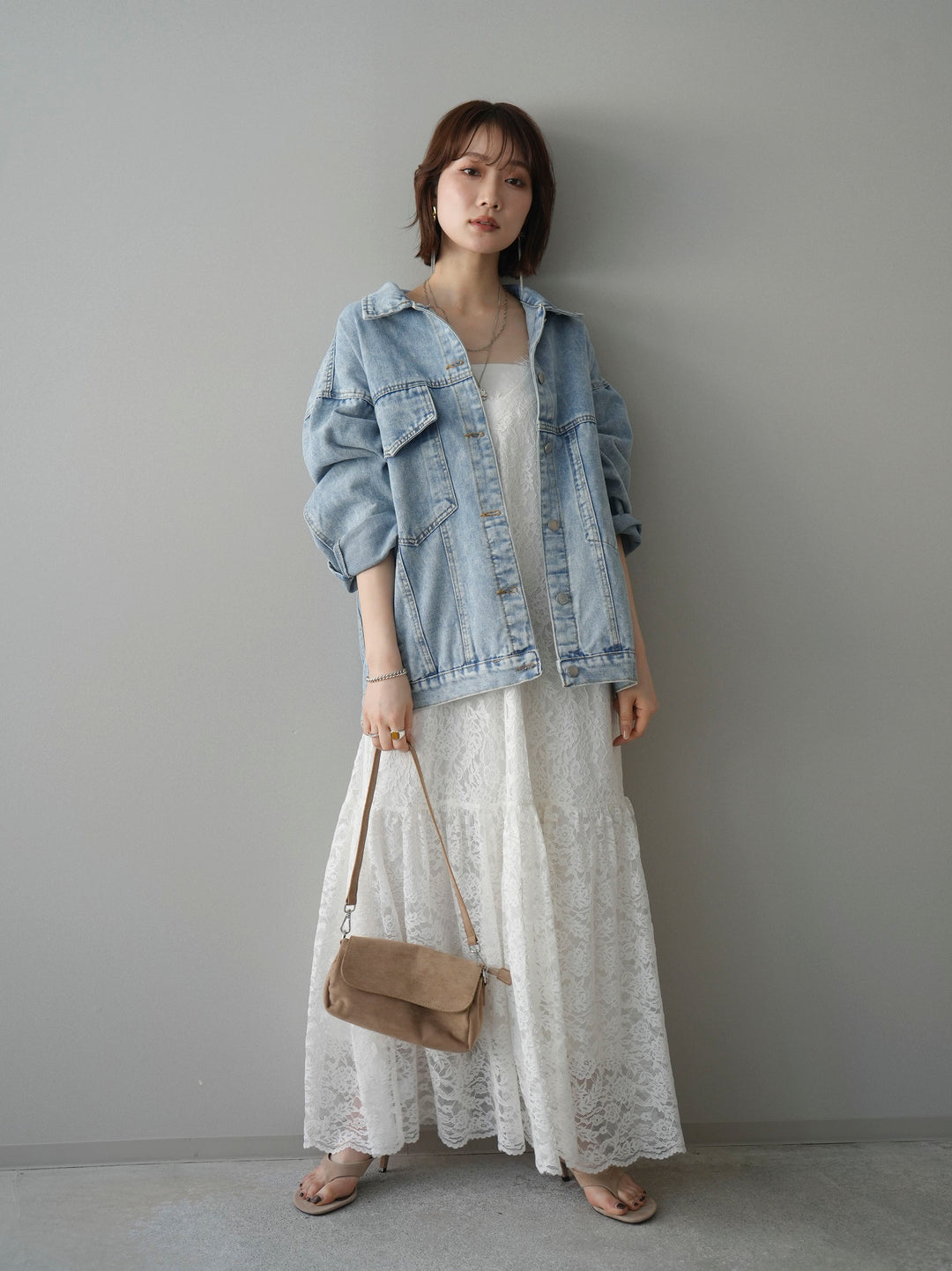 [予約]ギャザー切替レースキャミワンピース/white