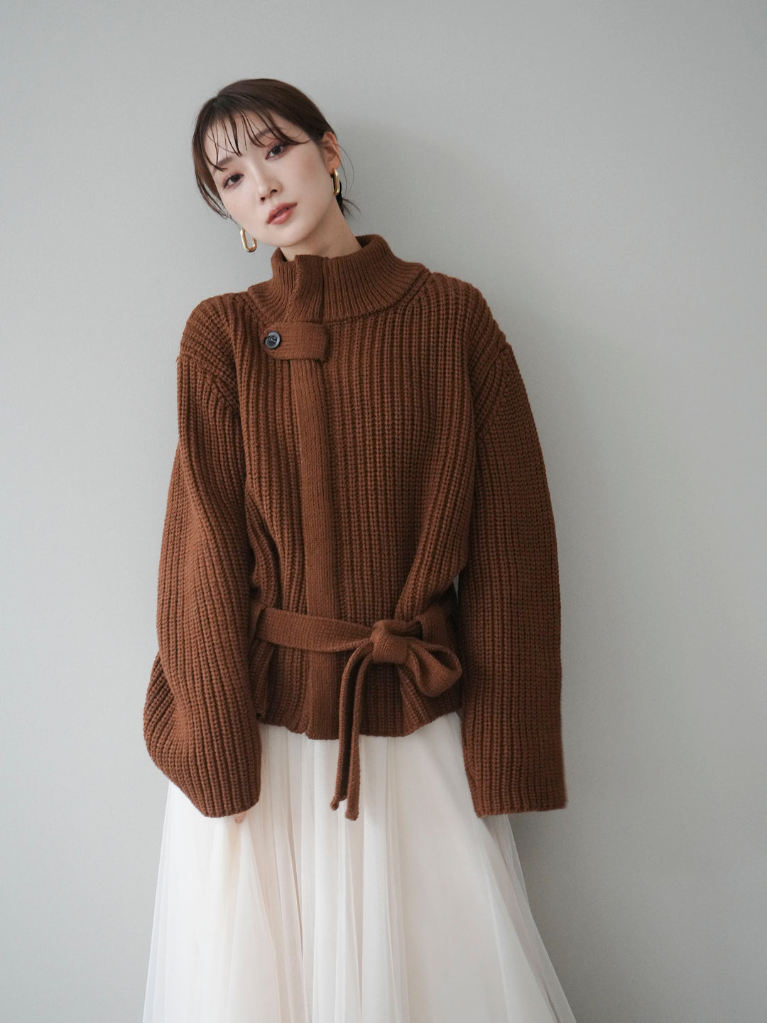 [予約]畦編みボトルネックZIPニットカーディガン/brown
