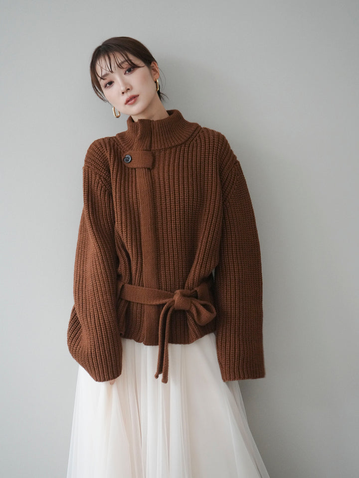 [予約]畦編みボトルネックZIPニットカーディガン/brown