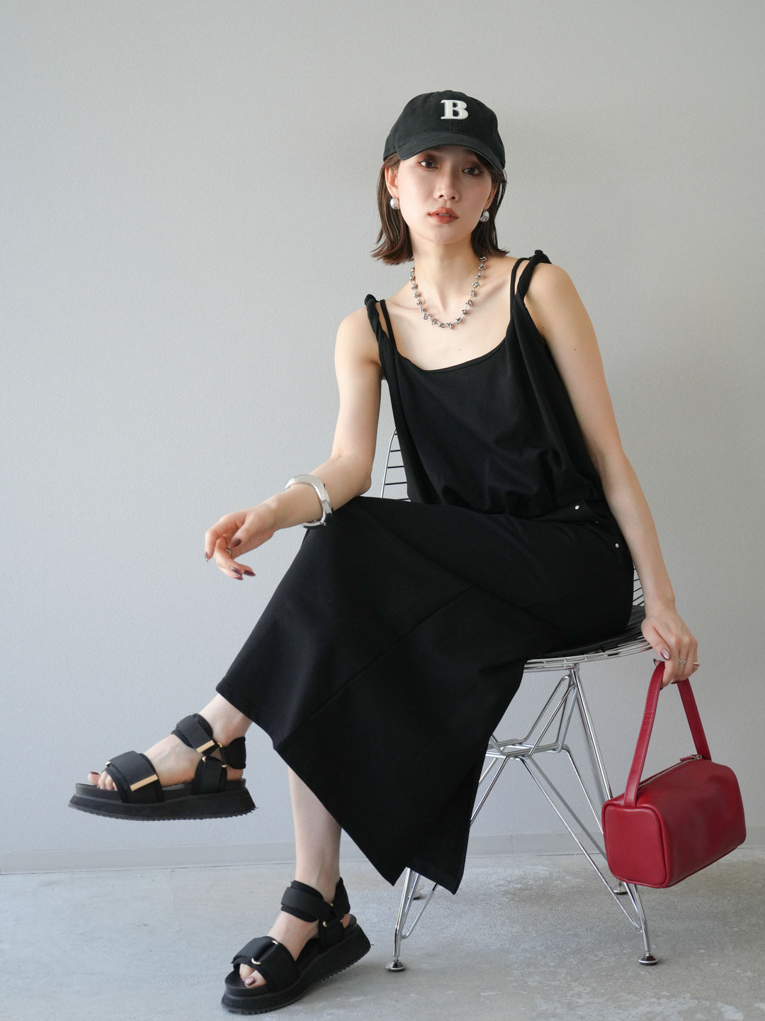 [SET]ミニ裏毛ツイストキャミバルーントップス＆Iラインスカート(2set)