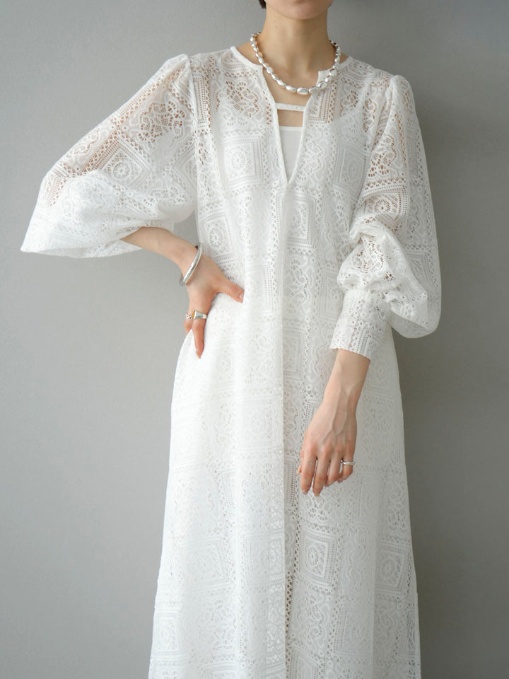 [Pre-order] Block Lace Volume Sleeve Dress/White