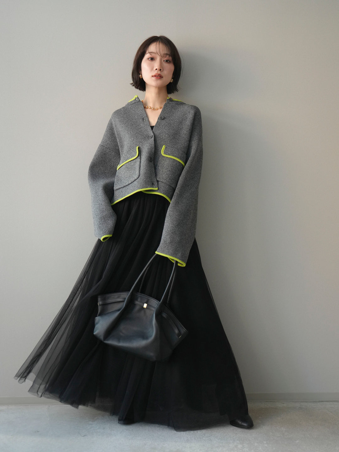 [SET]ポリエステル配色ニットカーディガン+チュールボリュームスカート(2set)