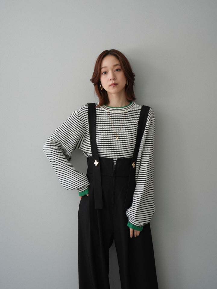 [SET]ラメ異素材ボーダーリブニットプルオーバー+ゴールドボタンサスペンダーワイドパンツ(2set)