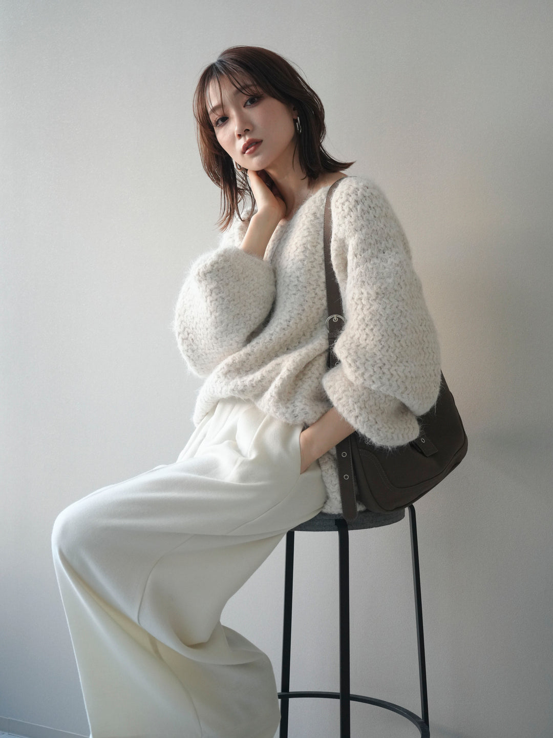 [予約]ウールタッチラメミックスヤーンVネックニットプルオーバー/ivory