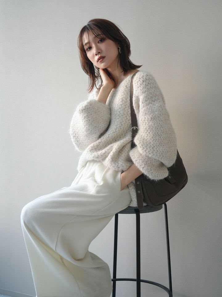 [予約]ウールタッチラメミックスヤーンVネックニットプルオーバー/ivory