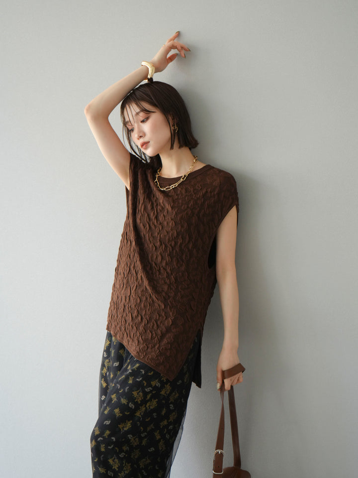 [SET]ポコポコノースリーブニットプルオーバー+コード刺繍チュールレイヤードパンツ(2set)