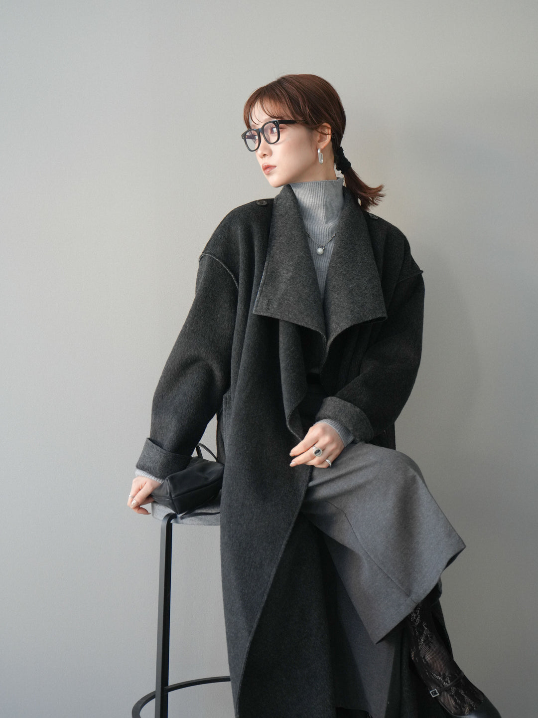 [予約]ダブルフェイスバイカラーロングコート/charcoal