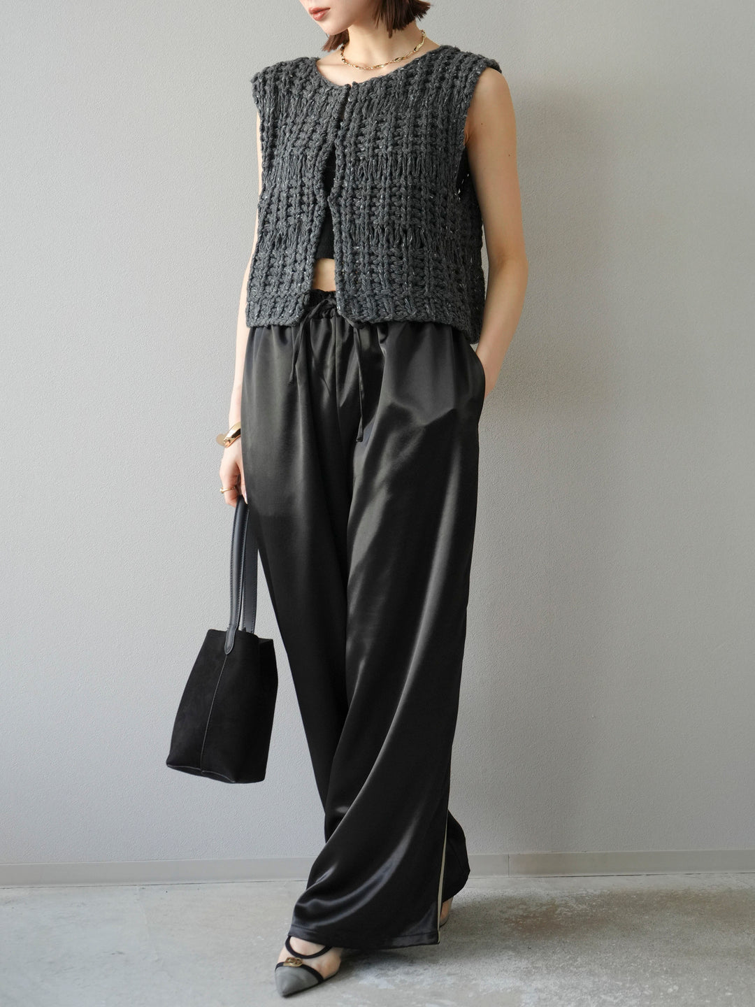 [予約]サテンラインワイドパンツ/ブラック