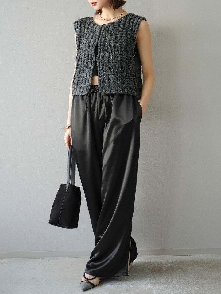 [予約]サテンラインワイドパンツ/ブラック