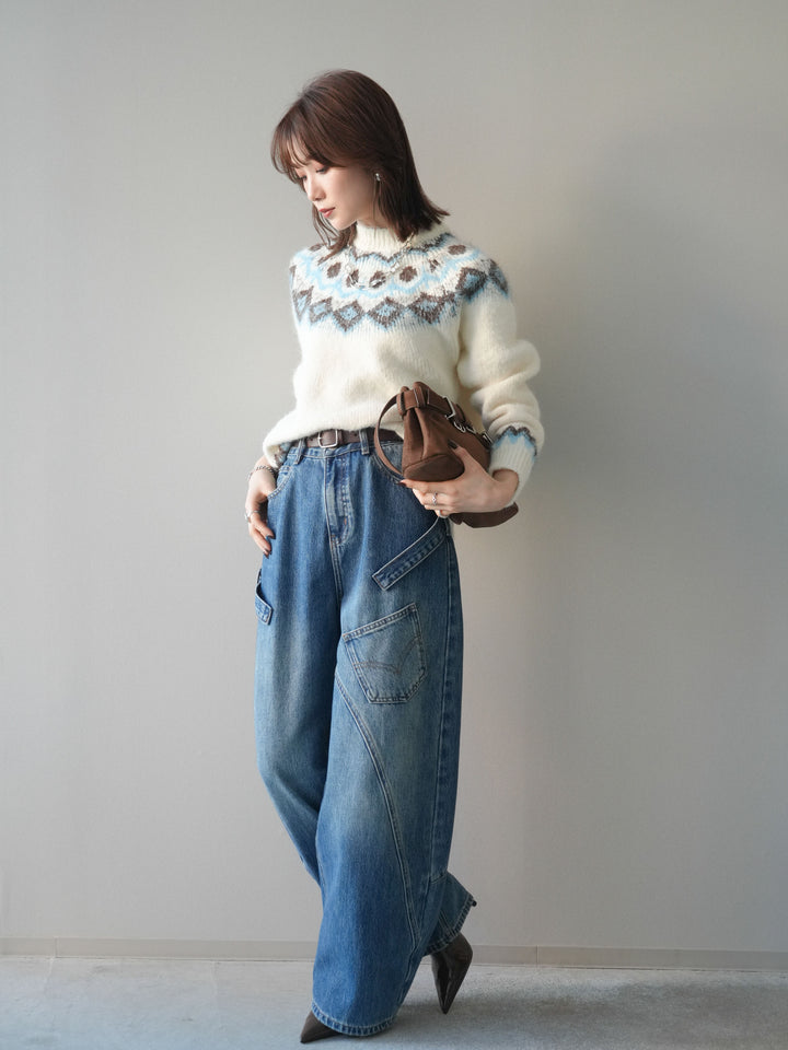 [SET]ソフトタッチ求心柄ニットプルオーバー+ペインターカーブデニムパンツ(2set)