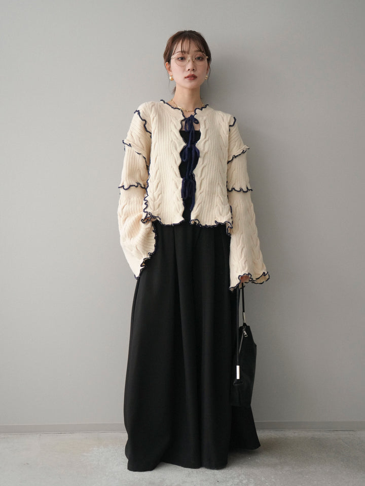 [SET]フロントリボン配色メローニットカーディガン+テープベルトタックバギーパンツ(2set)