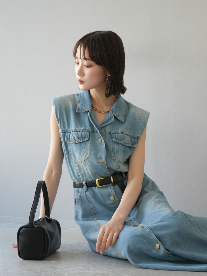 [予約]ベルト付デニムシャツデザインワンピース/ライトブルー