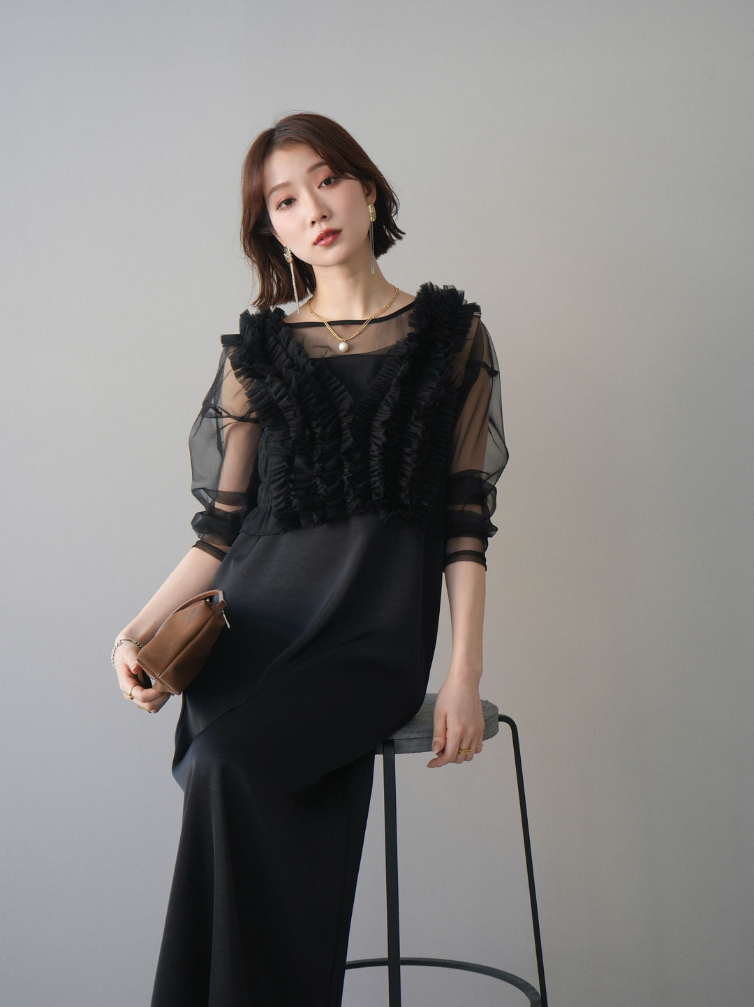 [予約]チュールフリルアンサンブルキャミソールドレス 3点SET/black