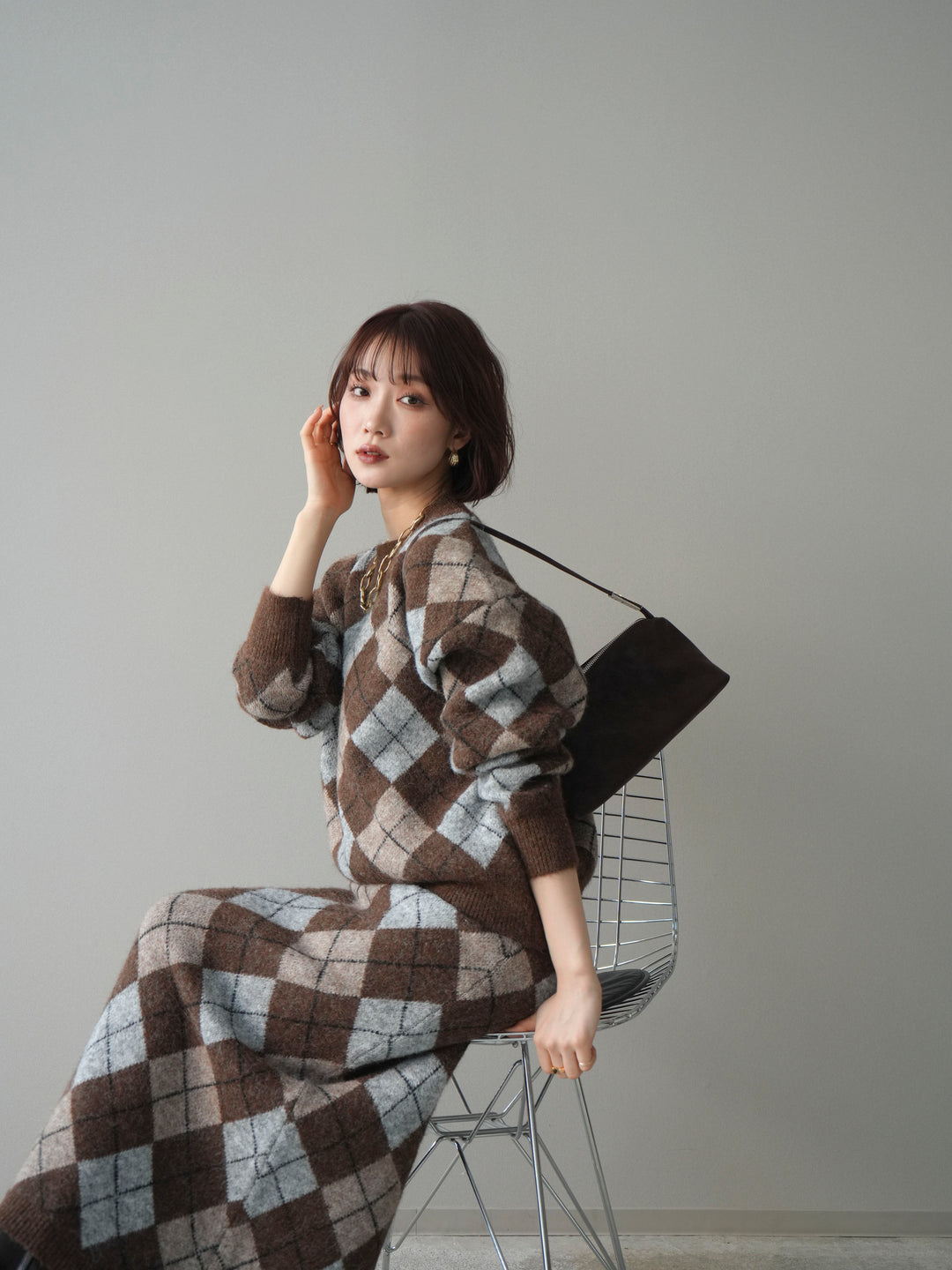 [SET]アーガイルニットプルオーバー&ロングスカートSET UP(2set)