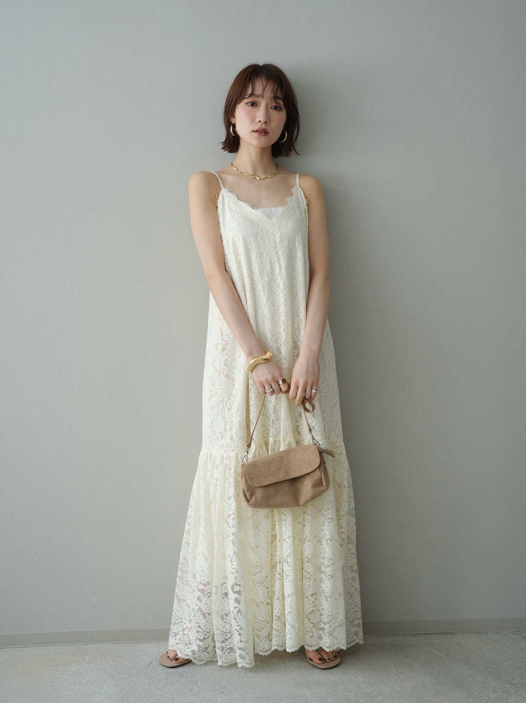 [SET]ギャザー切替レースキャミワンピース+選べるアクセセット(2set)