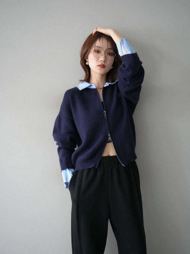 [予約]ストライプシャツレイヤードZIPニットカーディガン/navy