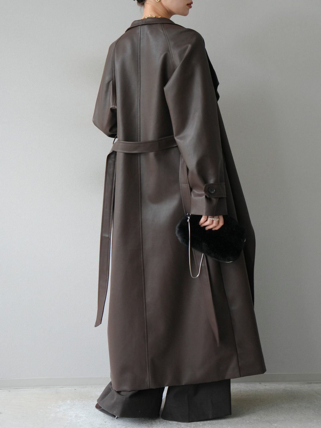 [予約]BIGカラーレザーロングコート/ブラウン