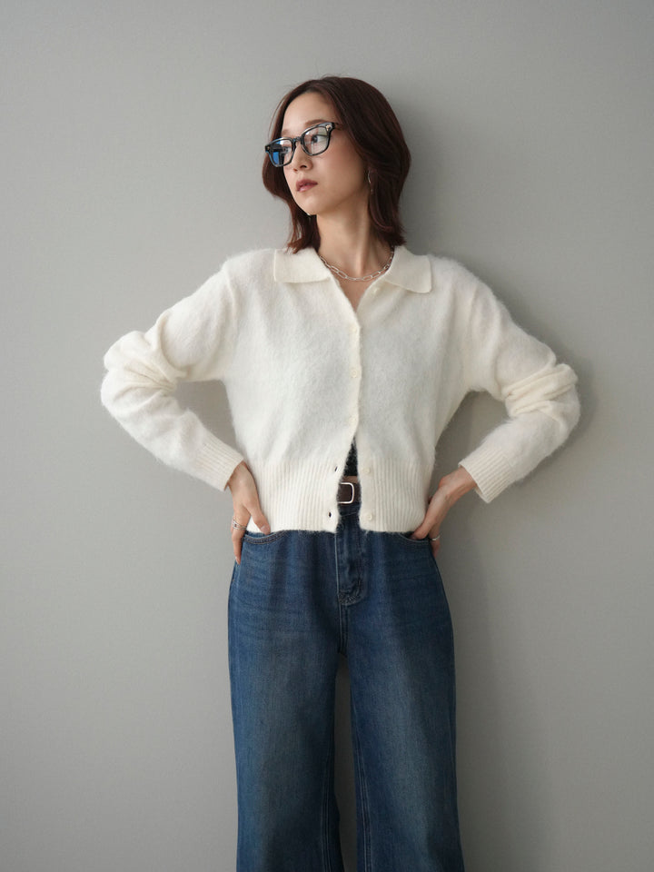 [SET]モヘア衿付きボタンプルオーバー+裏起毛裾フリンジワイドデニムパンツ(2set)