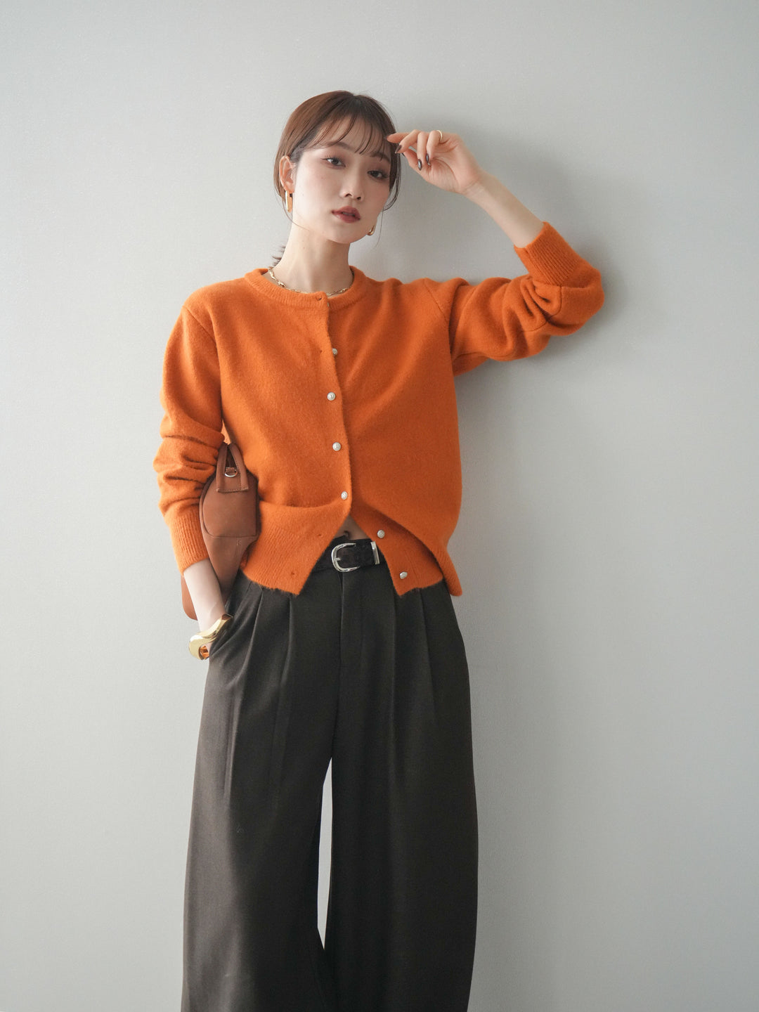[SET]アンティークボタンニットカーディガン+アニマル柄ベルト付きウールタッチワイドパンツ(2set)