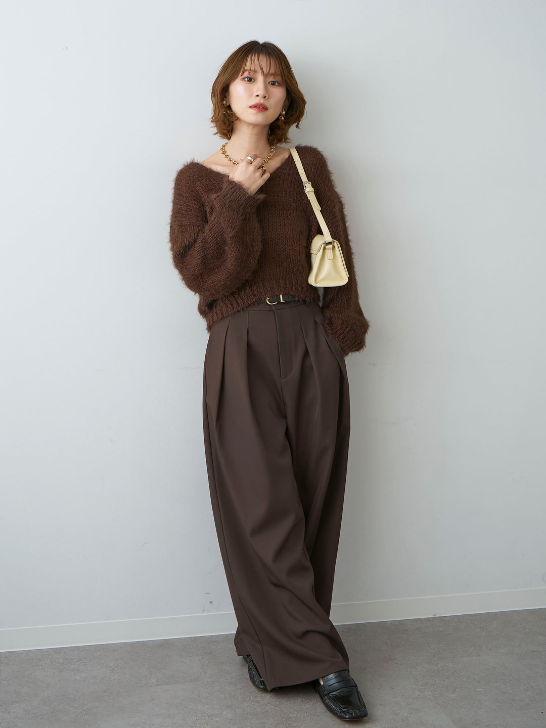 [SET]Vネックシャギークロップニットトップス+ツイルタックワイドパンツ(2set)