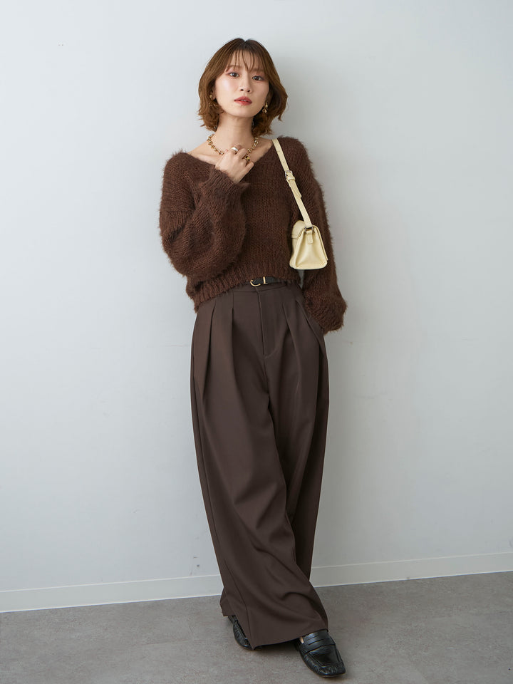 [SET]Vネックシャギークロップニットトップス+ツイルタックワイドパンツ(2set)
