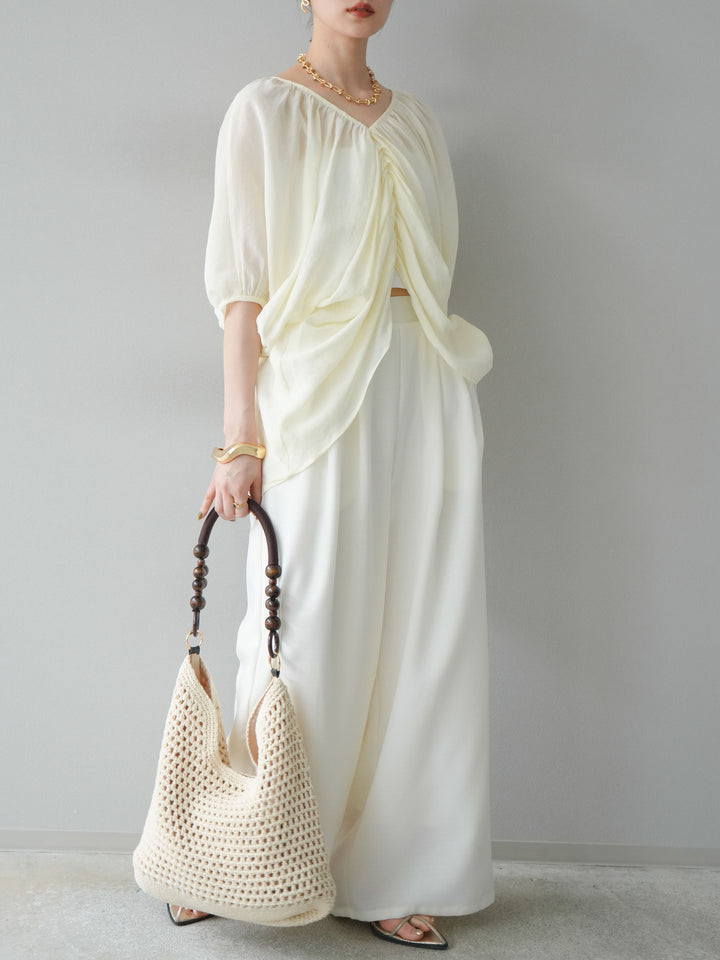 [SET]ボリュームスリーブシアータックブラウス+リネンライクイージーワイドパンツ(2set)