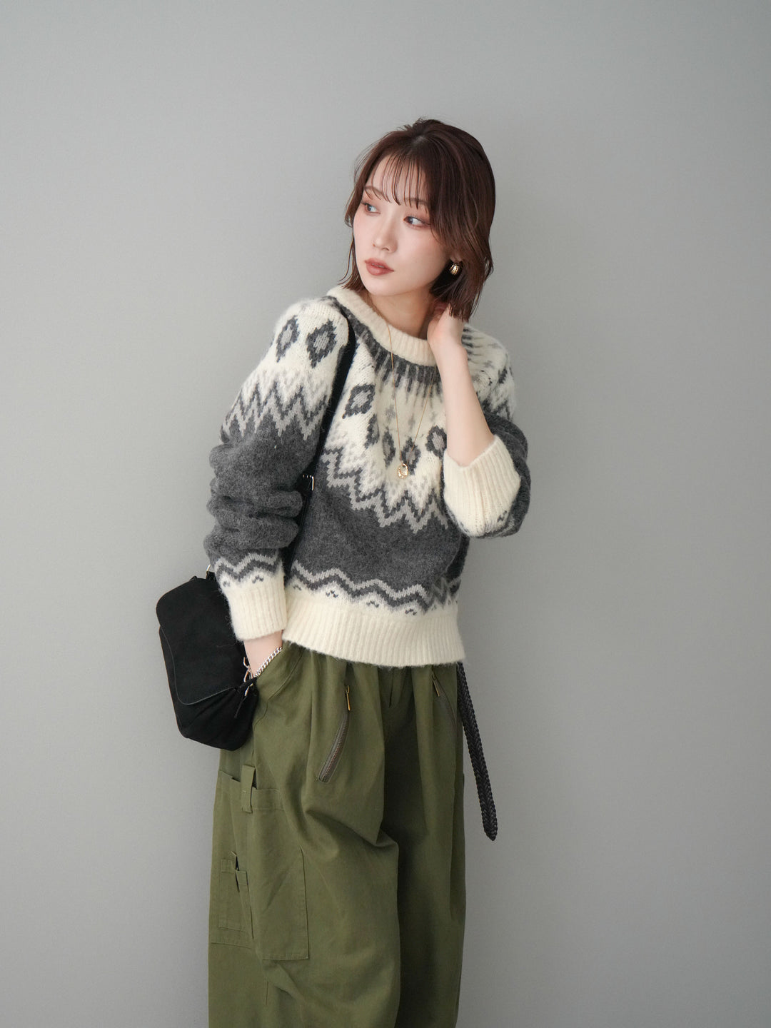 [予約]ノルディック柄ニットプルオーバー/gray