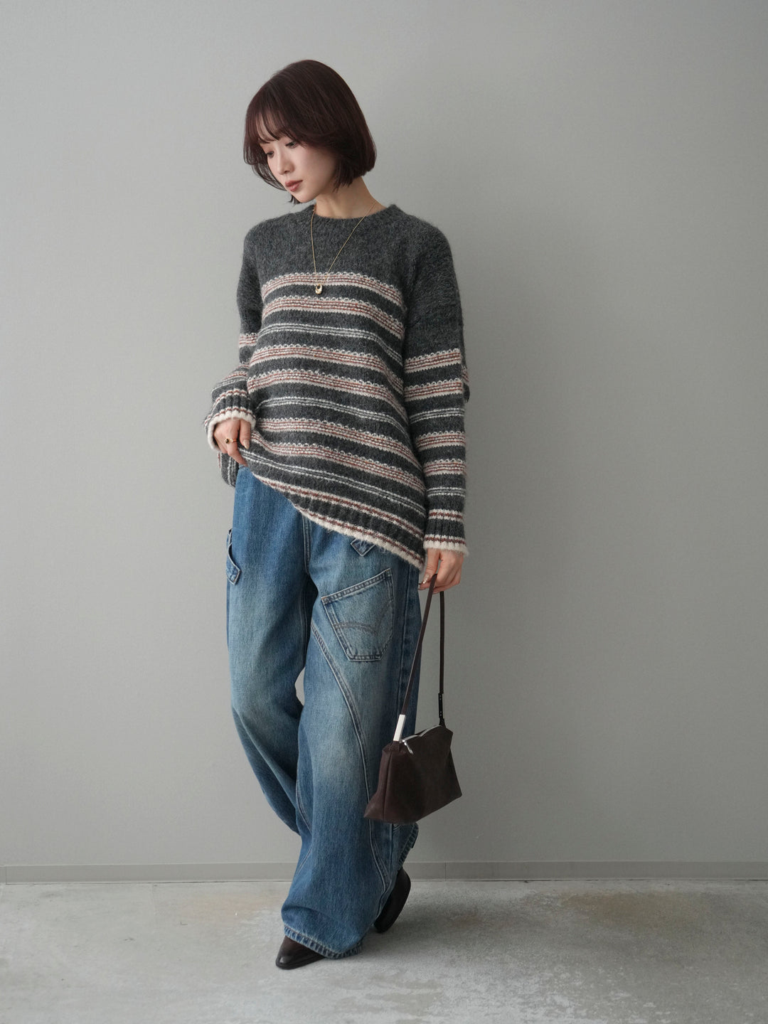 [SET]ステッチボーダーニットプルオーバー+ペインターカーブデニムパンツ(2set)