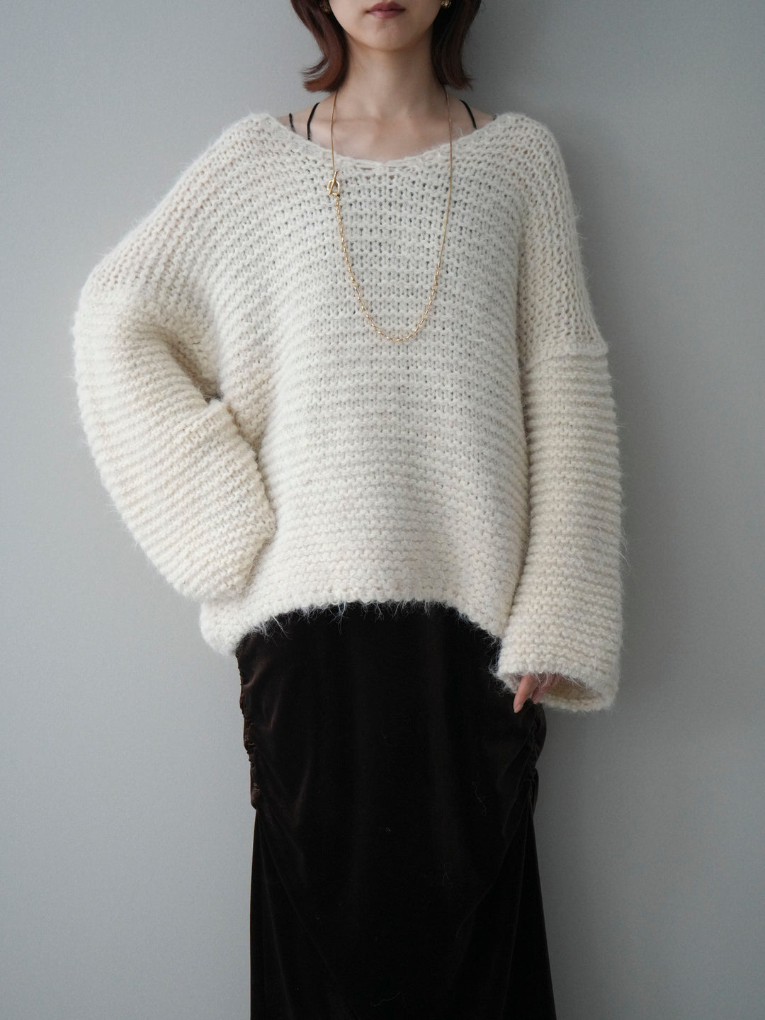 [SET]ワッフル編みシャギーニットプルオーバー+ギャザーベロアスカート(2set)