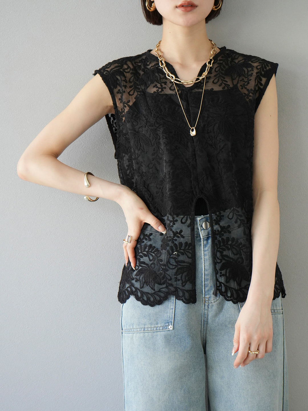 [SET] Front slit lace blouse + wide loose denim (2set)