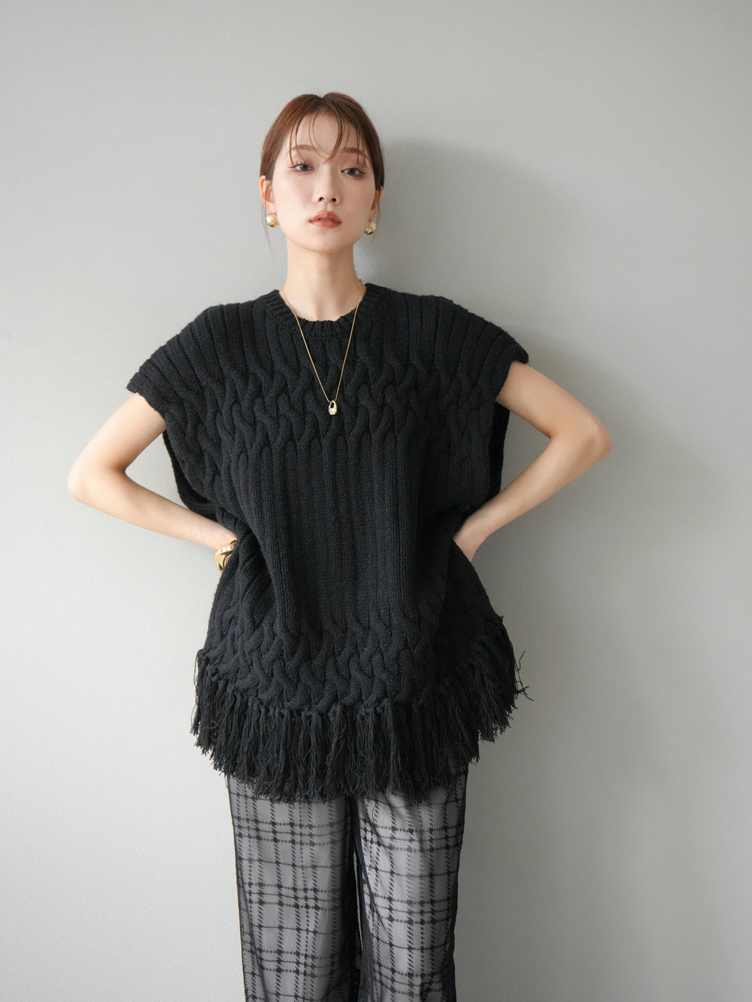 [予約]ケーブルニットフリンジベスト/ブラック
