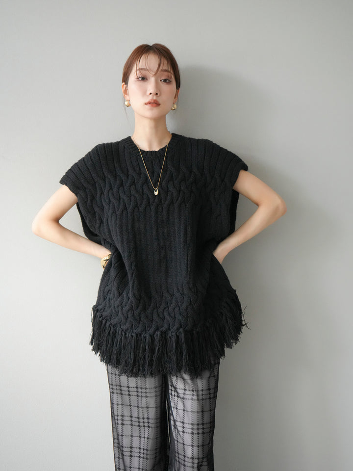 [予約]ケーブルニットフリンジベスト/ブラック