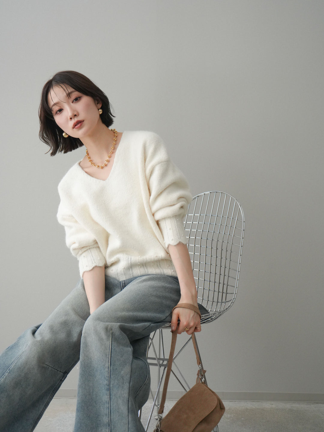 [SET]パールフリルリブヘムニットプルオーバー+選べるアクセセット(2set)