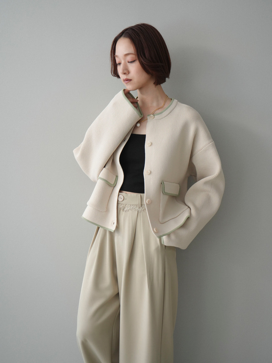 [SET]ポリエステル配色ニットカーディガン+ウエストレースタックワイドパンツ(2set)