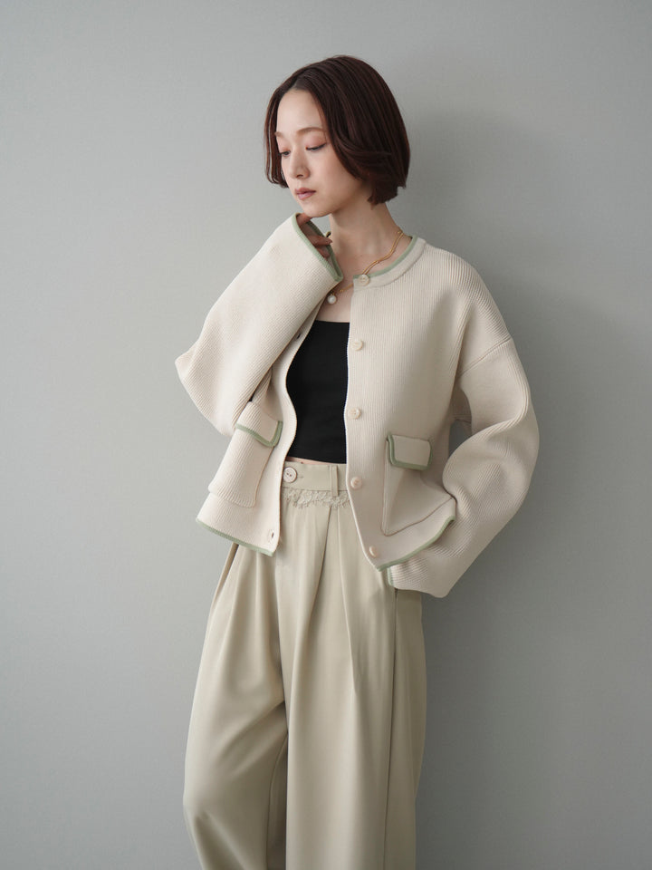 [SET]ポリエステル配色ニットカーディガン+ウエストレースタックワイドパンツ(2set)