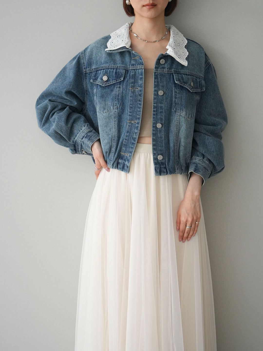 [SET]襟レースデニムショートジャケット+選べるアクセセット(2set)