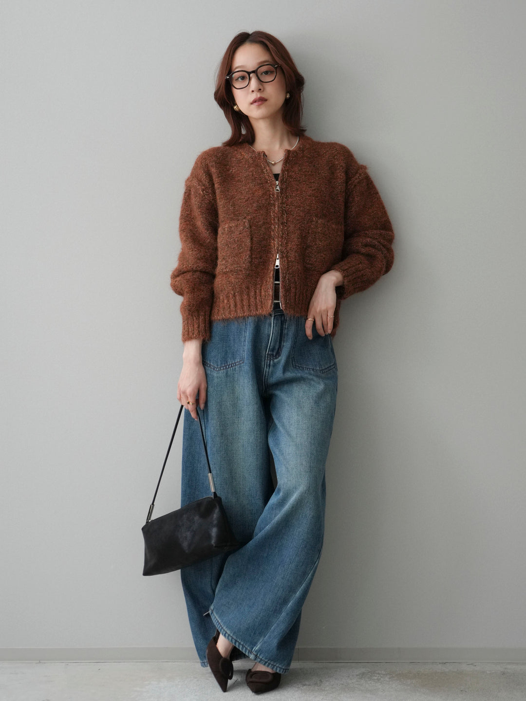 [SET]ミックスヤーンダブルZIPニットカーディガン+ベルト付裏起毛カーブデニムパンツ(2set)