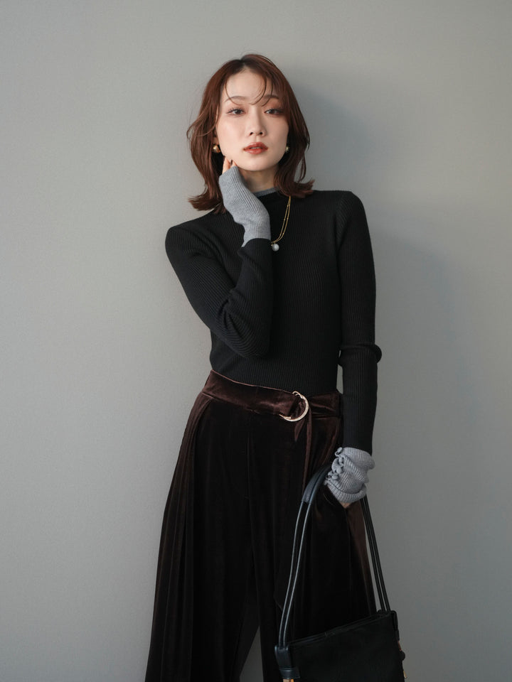 [予約]袖ボタンハイネック配色リブニットトップス/black