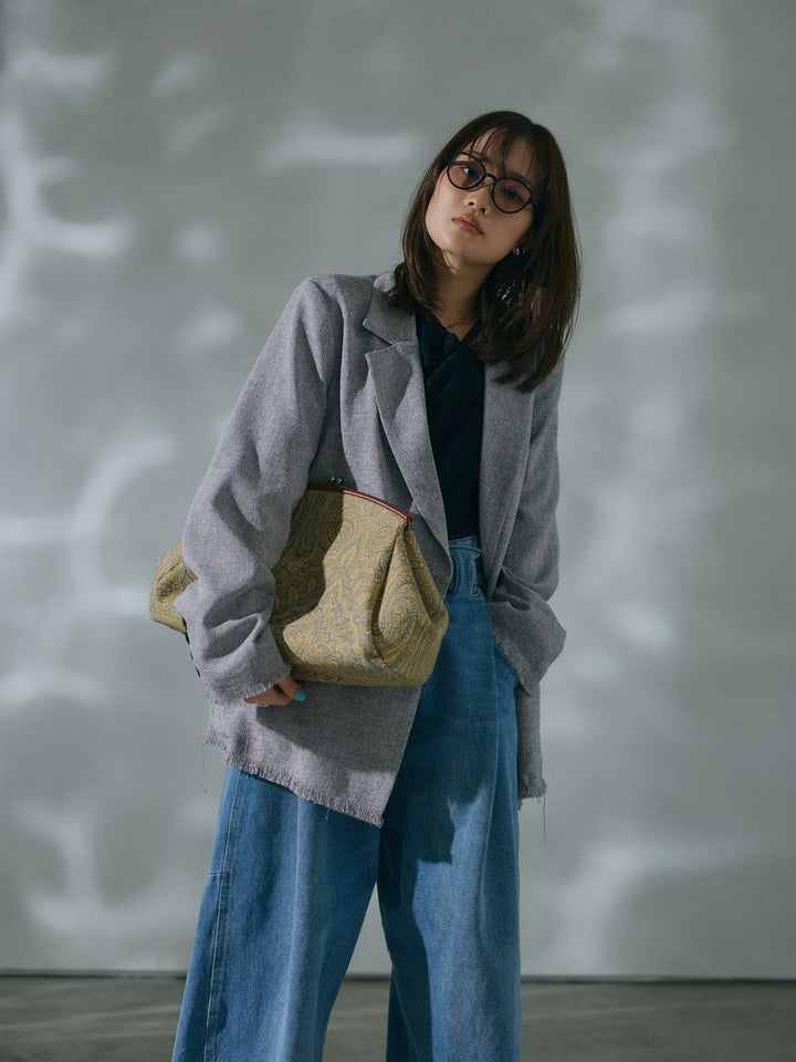 【Allure】[SET]スラブツイードフリンジテーラージャケット+ストレッチレースドレープトップス+ハイウエストベルトループデザインデニムパンツ(3set)