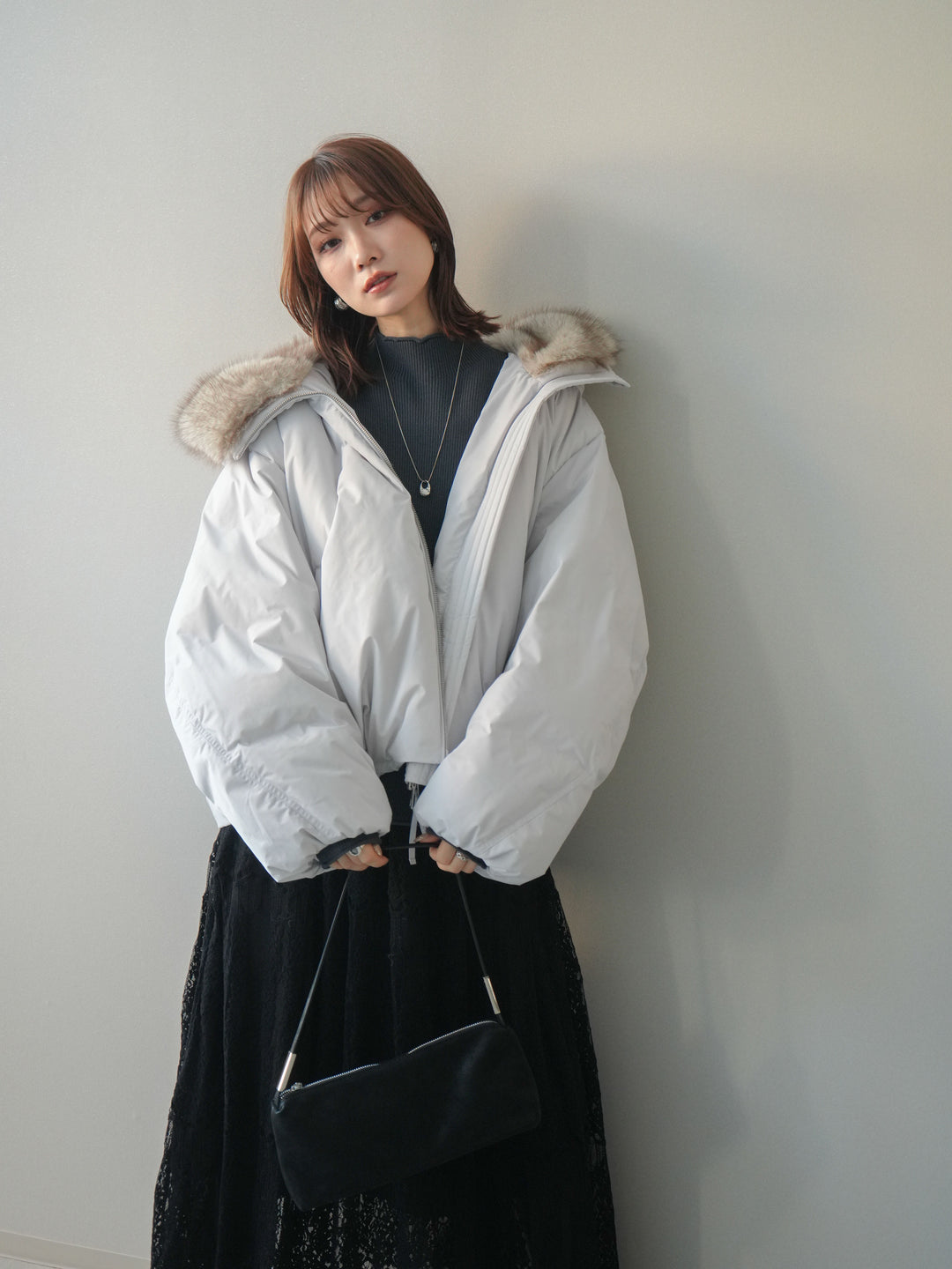 [予約]フードファーショートダウンコート/lightgray