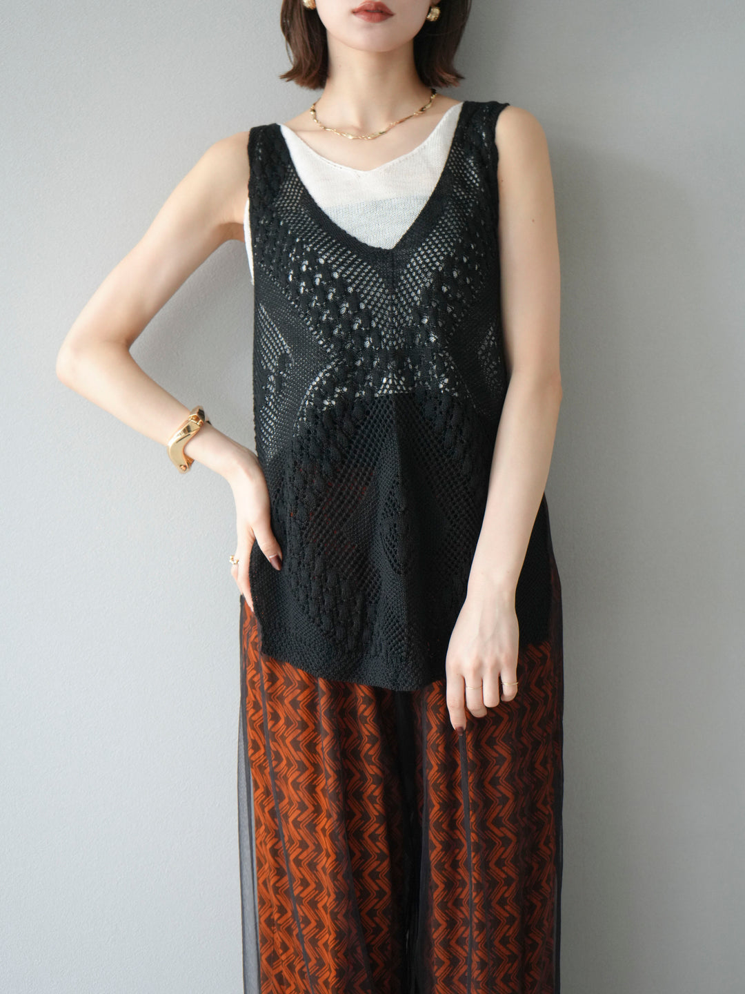 [予約]透かし編みレイヤードニットトップス/ブラック