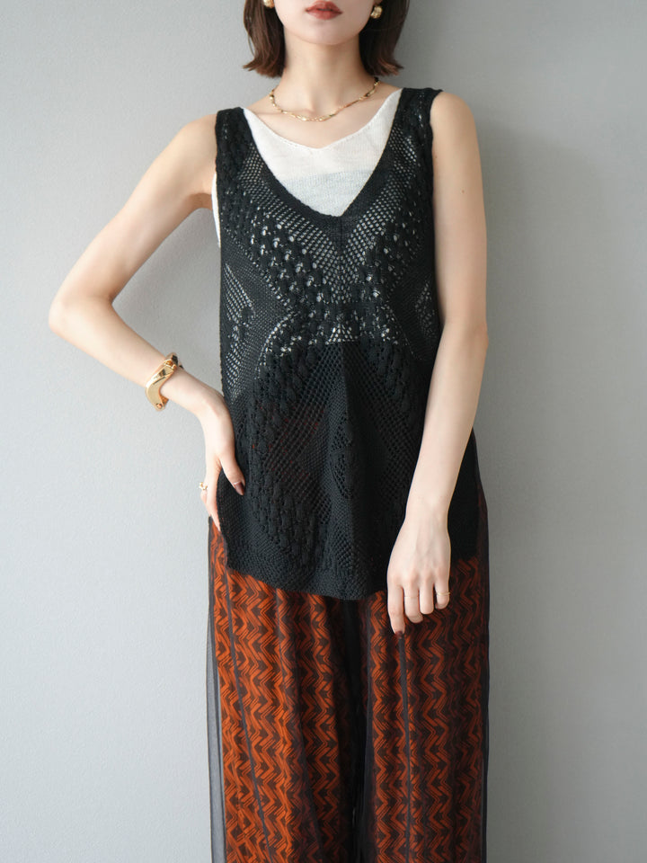 [予約]透かし編みレイヤードニットトップス/ブラック