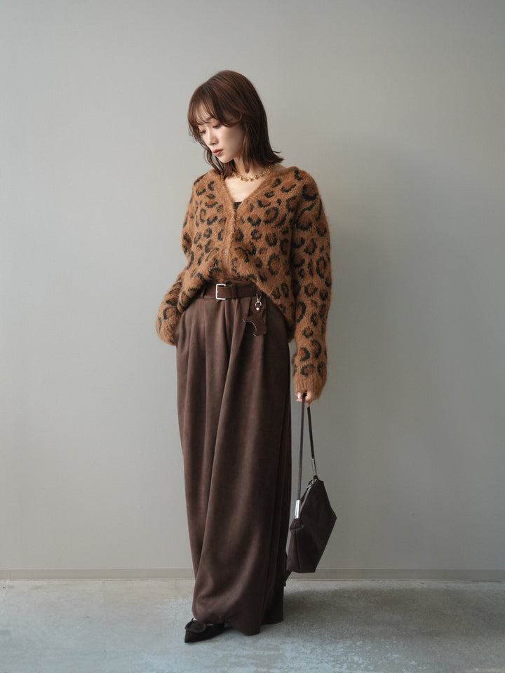 [SET]モヘアタッチレオパード柄ニットカーディガン+モチーフベルト付スエードタックワイドパンツ(2set)