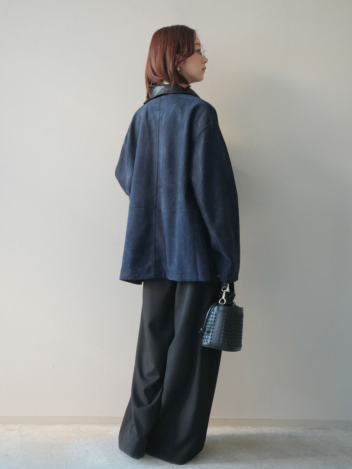 [SET]襟レザーステンカラースエードジャケット+袖ボタンボトルネックリブニットトップス+ベルトループデザインワイドパンツ(3set)