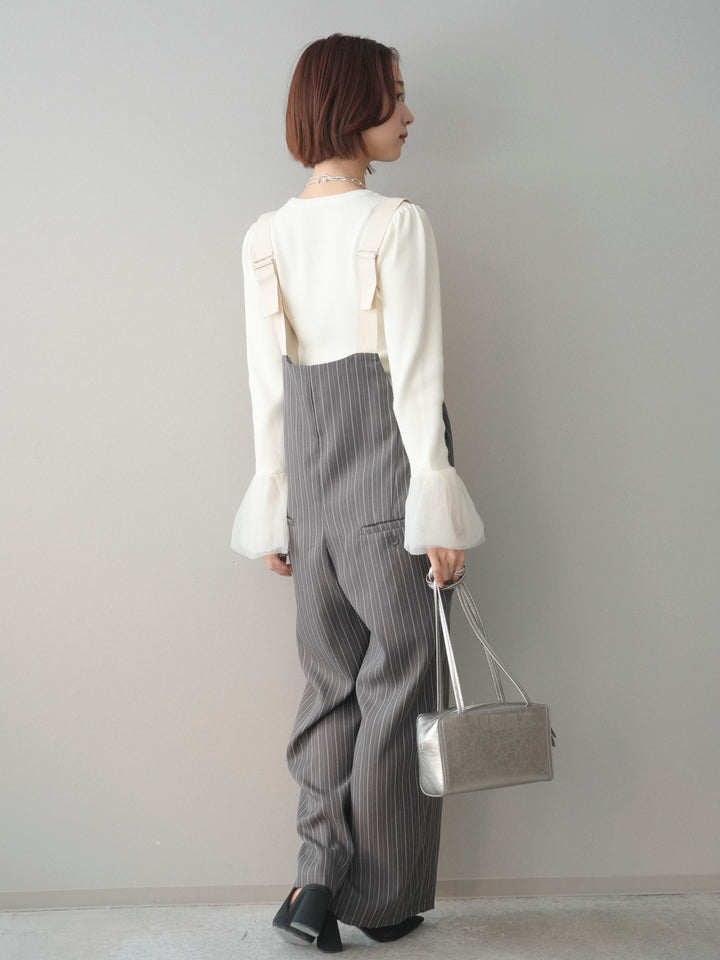 [予約]グログランテープストライプサロペット/charcoal